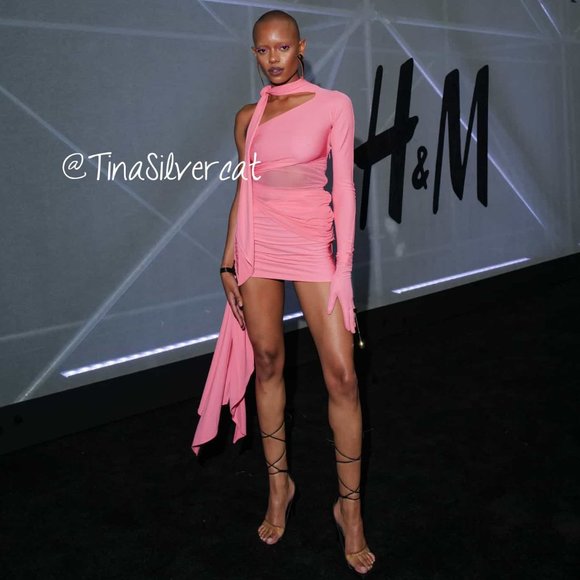 Mugler H&M Collector's Edition Knot-detail One-shoulder Dress Pink NWT - Picture 6 of 17